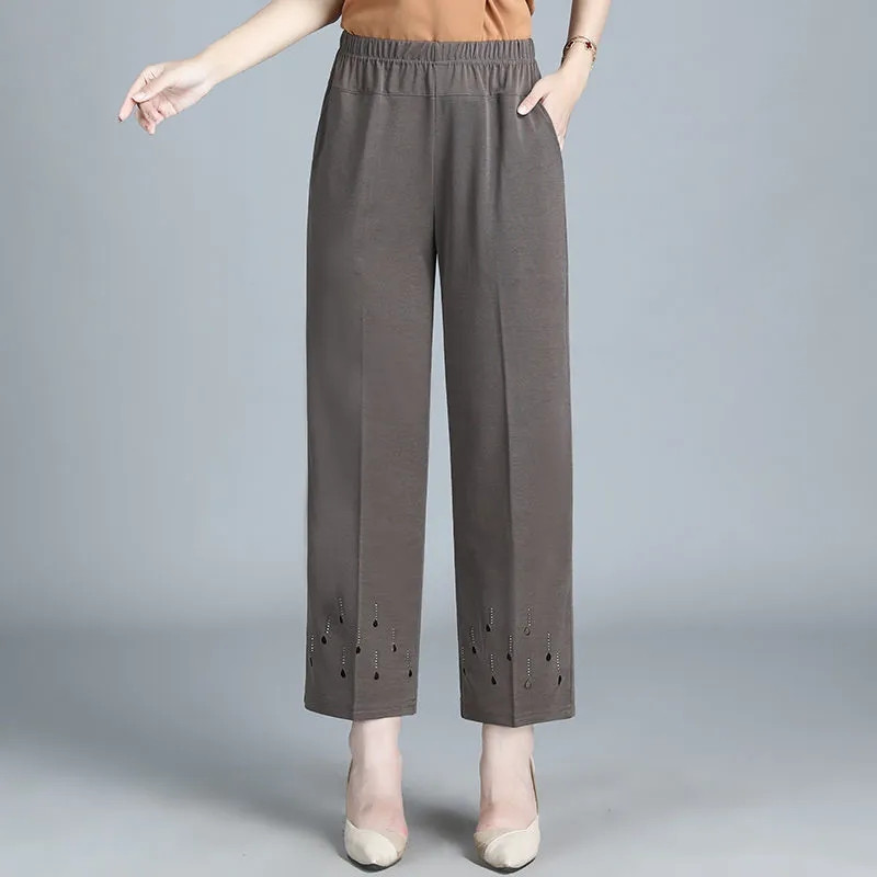 6XL 7XL 8XL Középkorú Idős Női Nadrág Tavaszi Nyári Rugalmas Derék Anya Nadrág Nagyméretű Masszív Alkalmi Egyenes nadrág