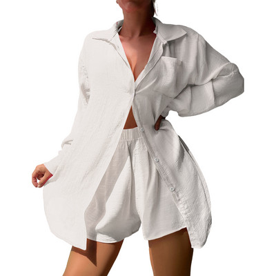 Női alkalmi 2 részes ruhák, hosszú ujjú, gombos ingek és rövidnadrágok, tengerparti ünnepi ruhakészlet