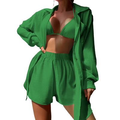 Női alkalmi 2 részes ruhák, hosszú ujjú, gombos ingek és rövidnadrágok, tengerparti ünnepi ruhakészlet