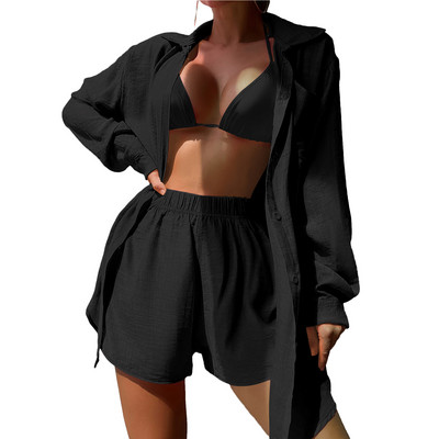 Női alkalmi 2 részes ruhák, hosszú ujjú, gombos ingek és rövidnadrágok, tengerparti ünnepi ruhakészlet