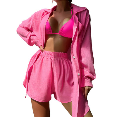 Női alkalmi 2 részes ruhák, hosszú ujjú, gombos ingek és rövidnadrágok, tengerparti ünnepi ruhakészlet