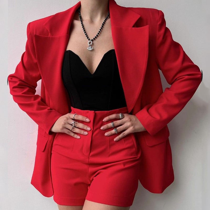 Γυναικεία μόδα ιδιοσυγκρασία Blazer Outfit Κομψό παλτό με κουμπιά πέτο & κοντό κοστούμι παντελόνι Γραφείο casual μακρυμάνικο μασίφ, λεπτό σετ 2 τμχ