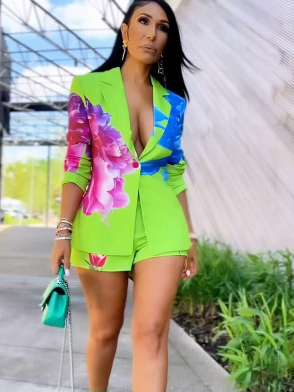 Bonnie Forest női virágmintás blézer passzoló rövidnadrág kétrészes szett Divat blézer öltönyök irodai szett Női ruhák munkaruha