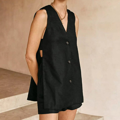 Casual 100% βαμβακερές γυναικείες φόρμες 2 τεμαχίων Σέξι αμάνικο φανελάκι με λαιμόκοψη V με λαιμόκοψη + ψηλή μέση κοντό καλοκαιρινό γυναικείο κοστούμι