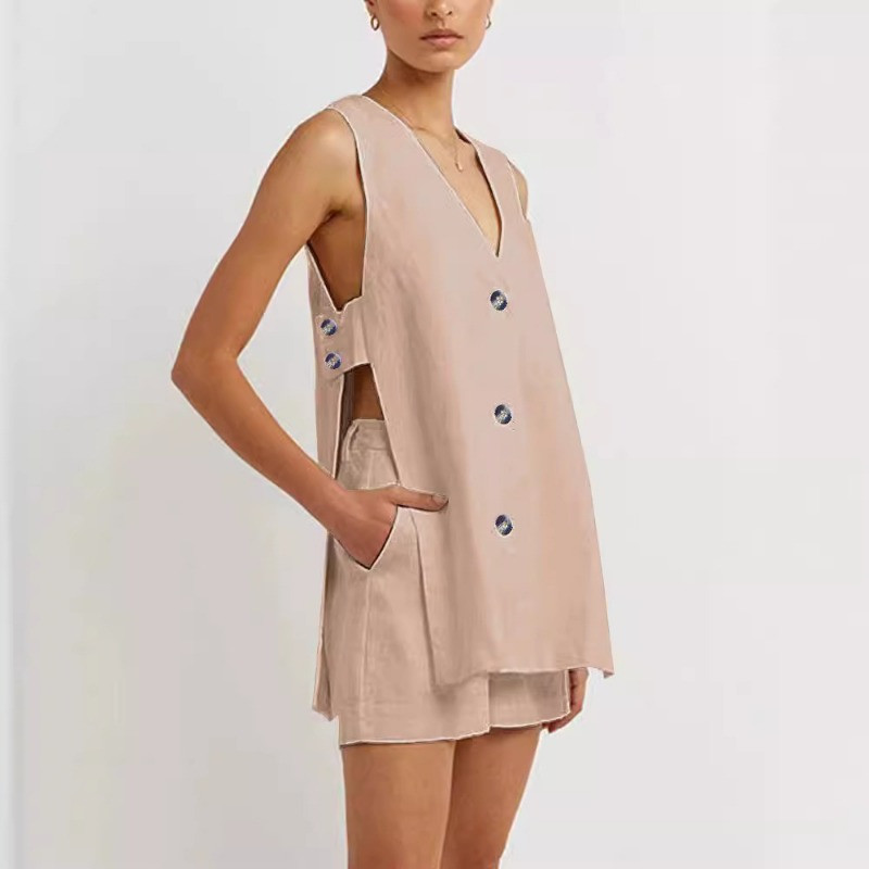 Casual 100% βαμβακερές γυναικείες φόρμες 2 τεμαχίων Σέξι αμάνικο φανελάκι με λαιμόκοψη V με λαιμόκοψη + ψηλή μέση κοντό καλοκαιρινό γυναικείο κοστούμι