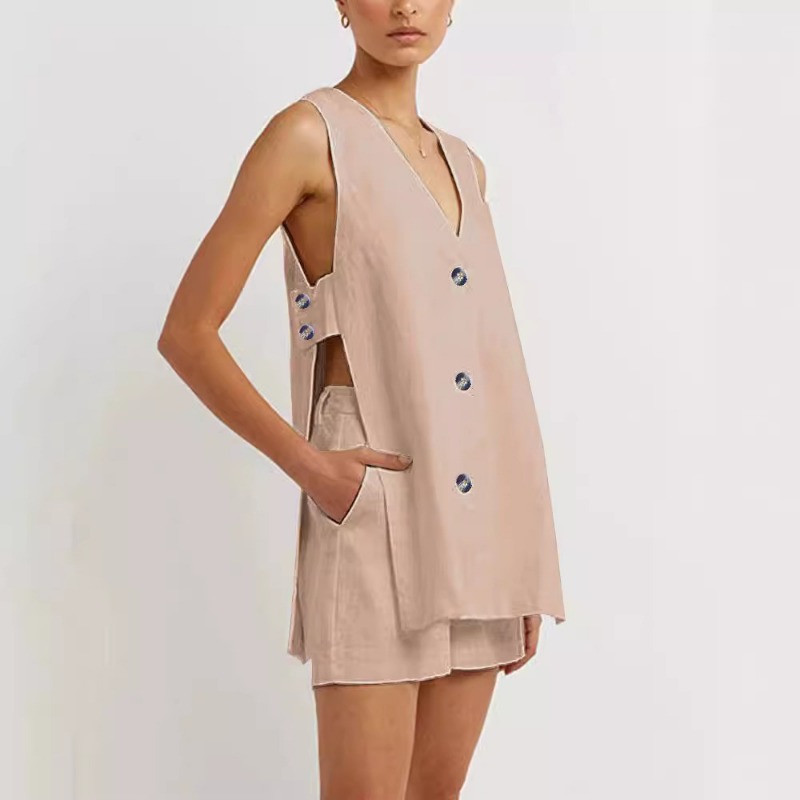 Casual 100% βαμβακερές γυναικείες φόρμες 2 τεμαχίων Σέξι αμάνικο φανελάκι με λαιμόκοψη V με λαιμόκοψη + ψηλή μέση κοντό καλοκαιρινό γυναικείο κοστούμι