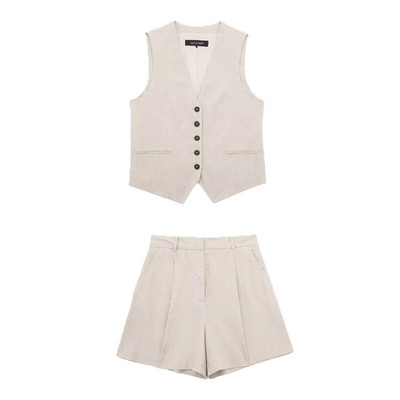 Γυναικεία σετ δύο τεμαχίων Σετ Κοντό κοστούμι 2024 inszartraf Γιλέκο Μπλέιζερ Μπουφάν Αμάνικο Μασίφ με κουμπιά Γυναικεία μπλουζάκια