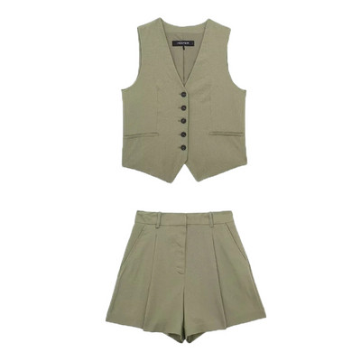 Γυναικεία σετ δύο τεμαχίων Σετ Κοντό κοστούμι 2024 inszartraf Γιλέκο Μπλέιζερ Μπουφάν Αμάνικο Μασίφ με κουμπιά Γυναικεία μπλουζάκια