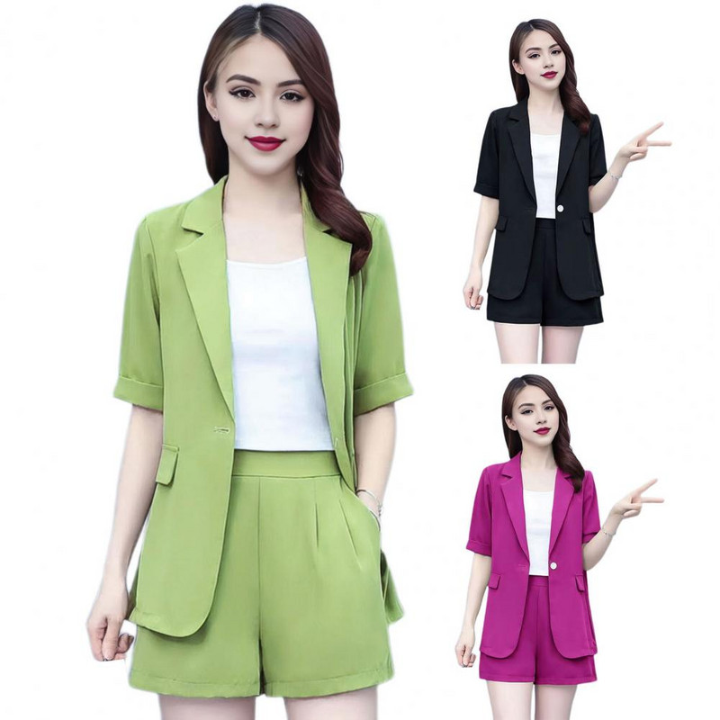 2 részes női alkalmi ruha hajtóka rövid ujjú elegáns irodai öltöny egyszínű OL stílusú egygombos blézer rövidnadrág szett hölgyeknek