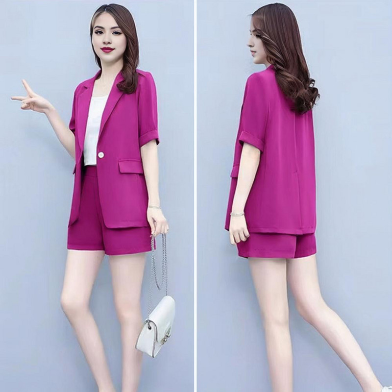 2 részes női alkalmi ruha hajtóka rövid ujjú elegáns irodai öltöny egyszínű OL stílusú egygombos blézer rövidnadrág szett hölgyeknek
