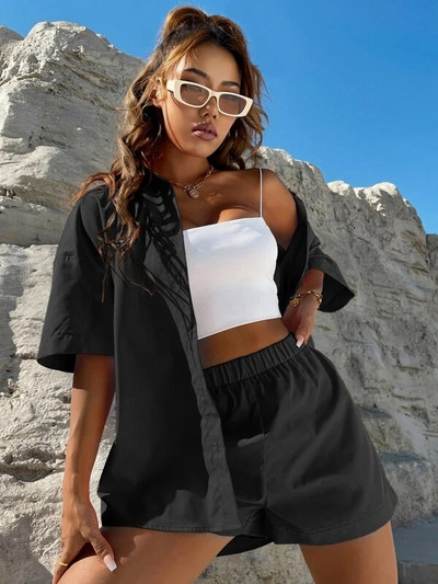 Vasaras 2 gabalu komplekts Sieviešu īsām piedurknēm vienkrāsains pogas krekls + brīvi šorti, kostīms, jauns 2024. gada modes sporta sieviešu ikdienas komplekti