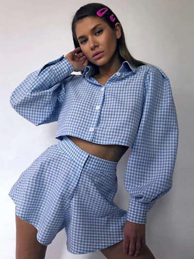 Kockás kétrészes rövid szettek Női nyári Puff ujjú ing felsők + széles szárú rövidnadrág szettek Elegáns 2 részes készletek ruhák női öltöny