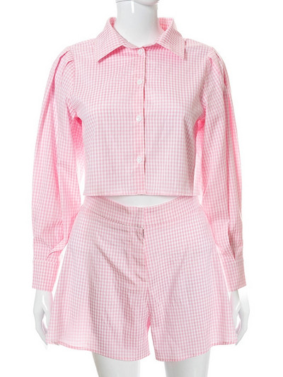 Kockás kétrészes rövid szettek Női nyári Puff ujjú ing felsők + széles szárú rövidnadrág szettek Elegáns 2 részes készletek ruhák női öltöny