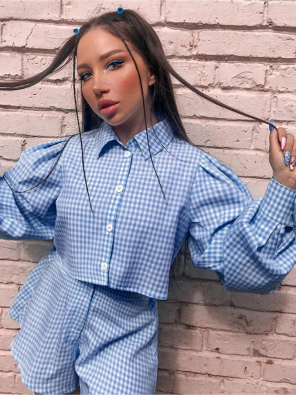 Kockás kétrészes rövid szettek Női nyári Puff ujjú ing felsők + széles szárú rövidnadrág szettek Elegáns 2 részes készletek ruhák női öltöny