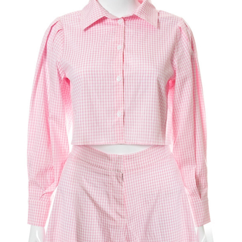 Kockás kétrészes rövid szettek Női nyári Puff ujjú ing felsők + széles szárú rövidnadrág szettek Elegáns 2 részes készletek ruhák női öltöny