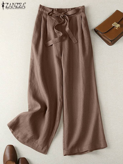 ZANZEA Γυναικεία Κομψή ελαστική μέση Μασίφ Παντελόνι Μόδας Καλοκαιρινό Φαρδύ Παντελόνι Πόδι Casual Lace Up Βαμβακερό Palazzo Pantalon