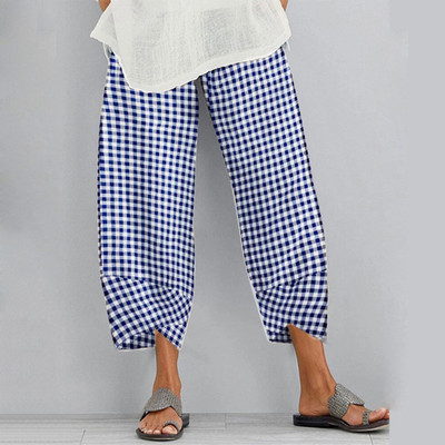 Naiste suvised kaubapüksid suures suuruses vöökoht kärbitud lahtised ruudulised trükipüksid haaremi linane elastne taskuga naiste tänavarõivad