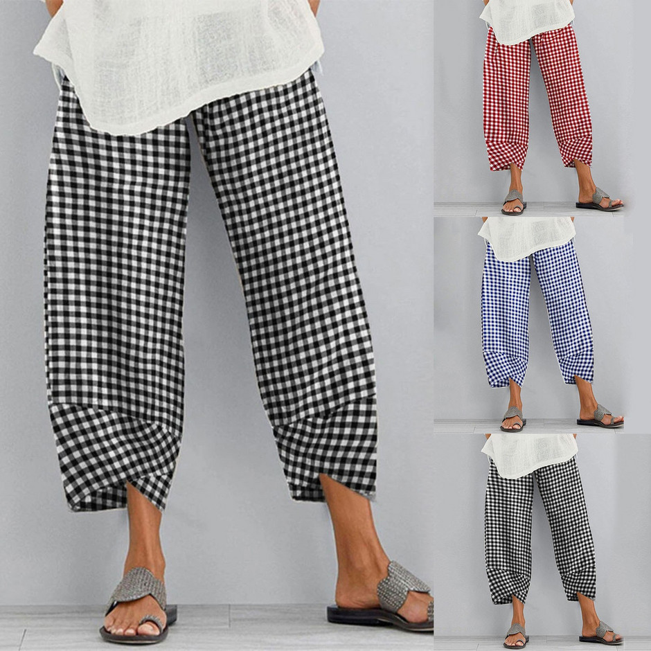 Nyári Cargo nadrágok Női Nagy méretű derékbőségű, bő, kockás nyomatú nadrágok Háremvászon elasztikus, zsebes női utcai ruházattal