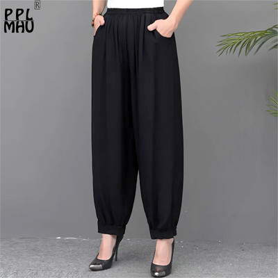 Summer Thin Classics Black Bloomers Women Oversize Casual Elastic ψηλόμεσο φαρδύ παντελόνι Μητέρα Μήκος στον αστράγαλο Harem Pantalones