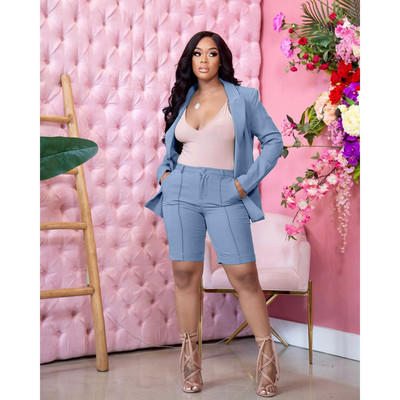 Kaheosaline naiste ülikond, ühevärviline bleiser ja lühikesed püksid, sobiv komplekt naistele kontori tagasihoidlik tööriietus, mood, 2 osa