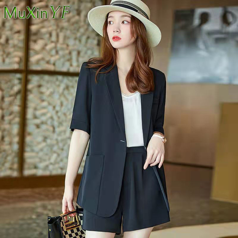 Naiste õhukese ülikonnaga lühikeste pükste komplekt 2024. aasta suvine Korea vabaaja bleiserid jakk kõrge vöökohaga püksid, kaheosalised naiste professionaalsed rõivad