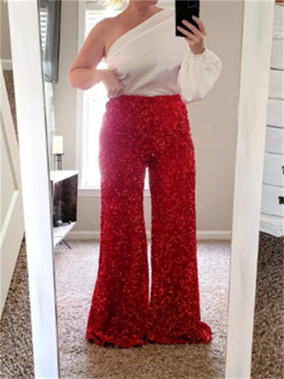 wsevypo Spīdīgi vizuļi, platas bikses sievietēm Modes elastīgas ar augstu vidukli Garās bikses ballītei ikdienas ielas apģērba apakšpuse