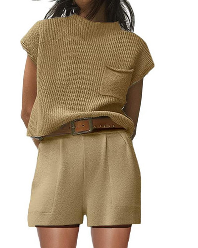 Naiste 2-osalised rõivad kampsunikomplektid 2023. aasta kootud salongikomplekt, pulloverid ja lühikesed püksid, armas vabaaja dressipluus