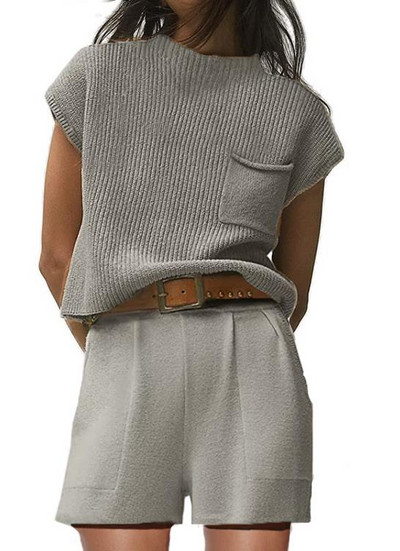 Naiste 2-osalised rõivad kampsunikomplektid 2023. aasta kootud salongikomplekt, pulloverid ja lühikesed püksid, armas vabaaja dressipluus