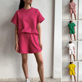 Lühikesed püksid Pükste komplekt Igapäevane kandmine 2tk/komplekt Naiste T-särk Lühikesed ülikond Suvine Elastne Vöökoht Kaelus Ühevärviline Casual Tee Sweatsh