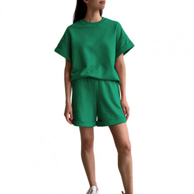 Lühikesed püksid Pükste komplekt Igapäevane kandmine 2tk/komplekt Naiste T-särk Lühikesed ülikond Suvine Elastne Vöökoht Kaelus Ühevärviline Casual Tee Sweatsh