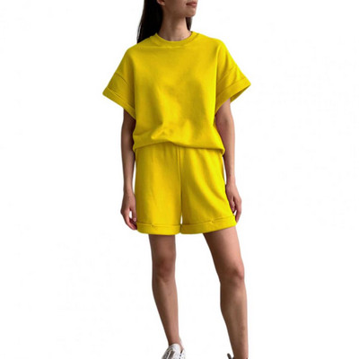 Lühikesed püksid Pükste komplekt Igapäevane kandmine 2tk/komplekt Naiste T-särk Lühikesed ülikond Suvine Elastne Vöökoht Kaelus Ühevärviline Casual Tee Sweatsh
