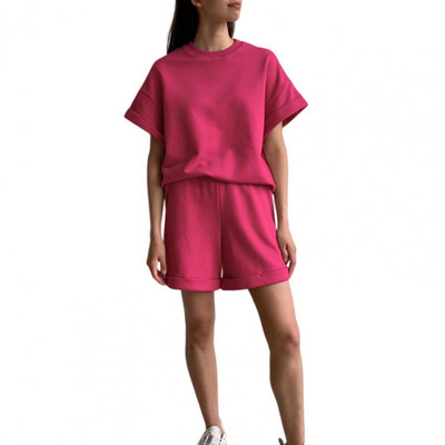 Lühikesed püksid Pükste komplekt Igapäevane kandmine 2tk/komplekt Naiste T-särk Lühikesed ülikond Suvine Elastne Vöökoht Kaelus Ühevärviline Casual Tee Sweatsh