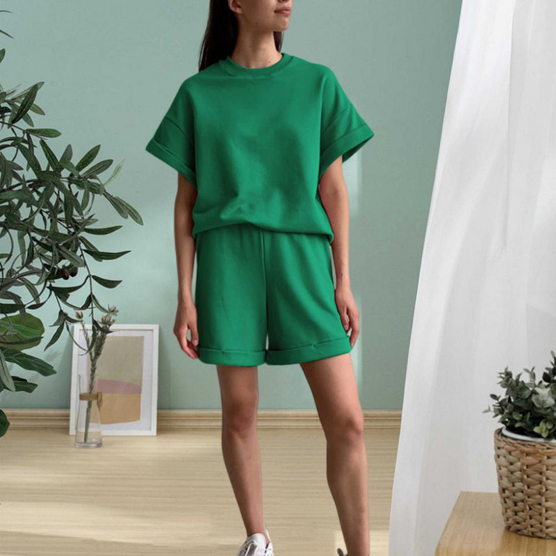 Lühikesed püksid Pükste komplekt Igapäevane kandmine 2tk/komplekt Naiste T-särk Lühikesed ülikond Suvine Elastne Vöökoht Kaelus Ühevärviline Casual Tee Sweatsh