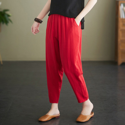 2023. aasta suvi Naisteriided Uued populaarsed Imitatsioon Ice Silk Puuvill Kanep vabaaja mood lai jalg 9/4 suured lahtised Harlani püksid