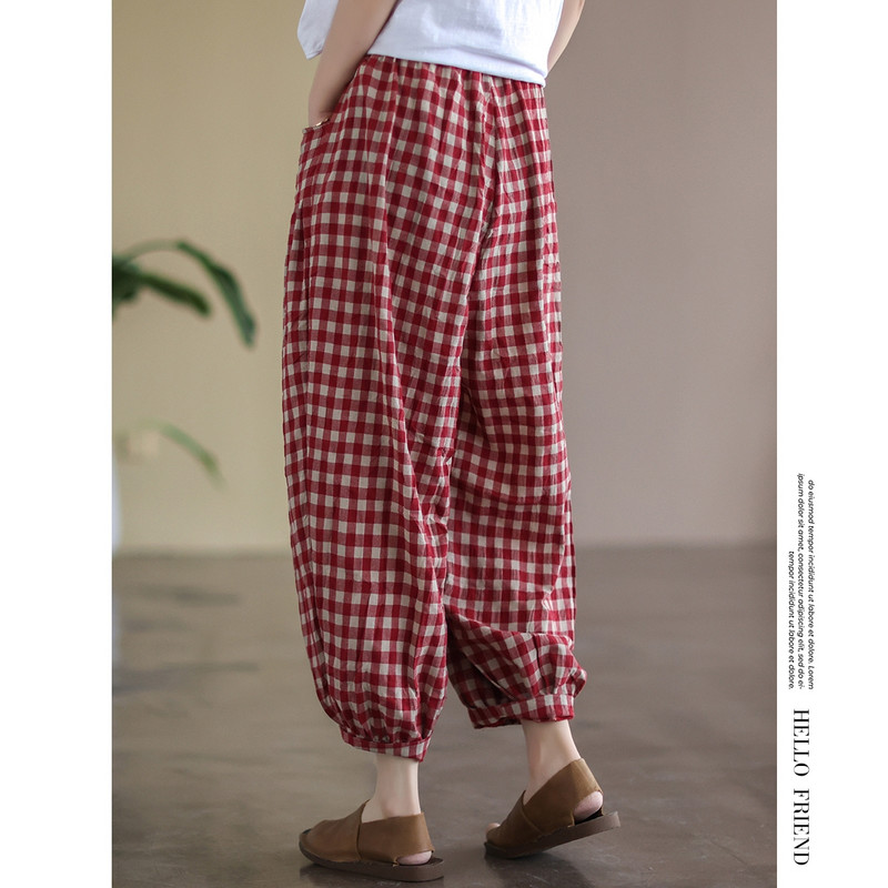 Pamut vászon kockás hárem nadrág női nagy méretű tavaszi és nyári új divatos retro magas derekú alkalmi kilencpontos lámpás nadrág