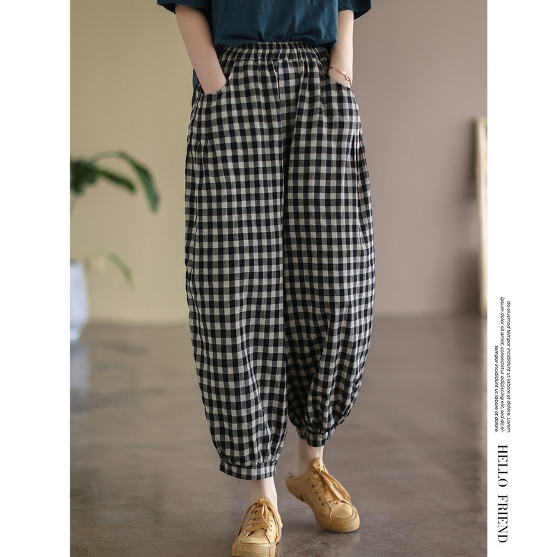 Pamut vászon kockás hárem nadrág női nagy méretű tavaszi és nyári új divatos retro magas derekú alkalmi kilencpontos lámpás nadrág