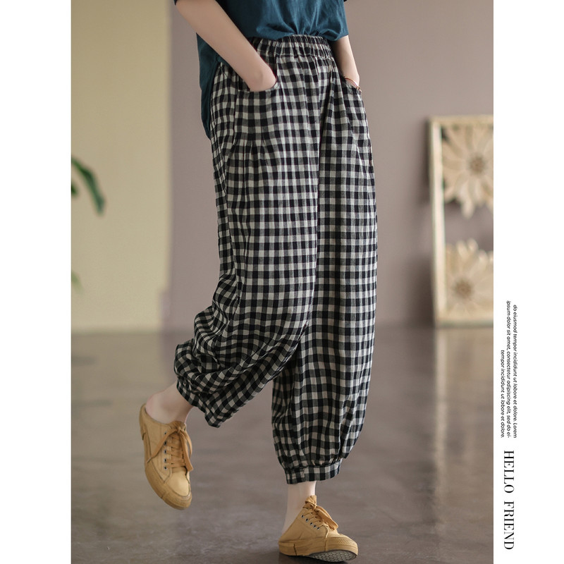 Pamut vászon kockás hárem nadrág női nagy méretű tavaszi és nyári új divatos retro magas derekú alkalmi kilencpontos lámpás nadrág