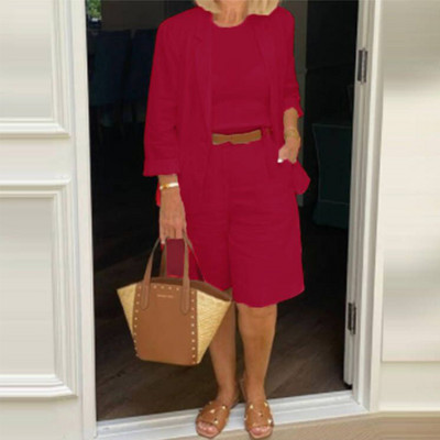 Irodai női alkalmi hosszú ujjú kabát és zsebes bő rövidnadrág, női, vékony öltönygarnitúra, divatos pamut vászon blézerkabát szettek