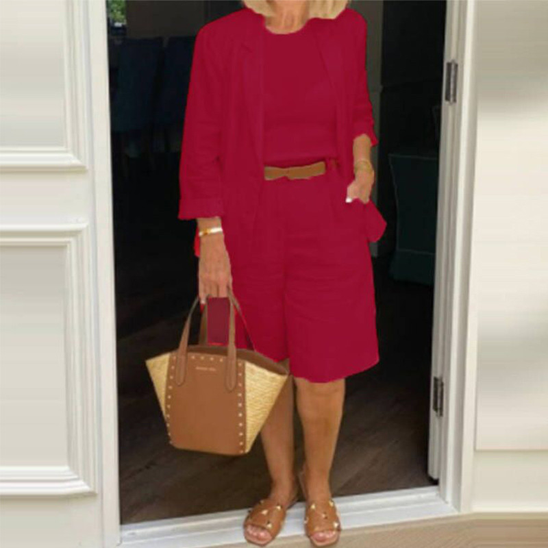 Irodai női alkalmi hosszú ujjú kabát és zsebes bő rövidnadrág, női, vékony öltönygarnitúra, divatos pamut vászon blézerkabát szettek