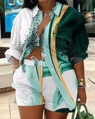 2023. aasta sügis, uus naiste komplekt, moodne polo-krae, pikkade varrukatega, üherealine vaba trükiga särgi lühikesed püksid, vabaaja naiste komplekt