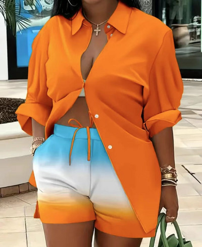 2023. aasta sügis, uus naiste komplekt, moodne polo-krae, pikkade varrukatega, üherealine vaba trükiga särgi lühikesed püksid, vabaaja naiste komplekt