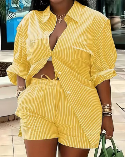 2023. aasta sügis, uus naiste komplekt, moodne polo-krae, pikkade varrukatega, üherealine vaba trükiga särgi lühikesed püksid, vabaaja naiste komplekt