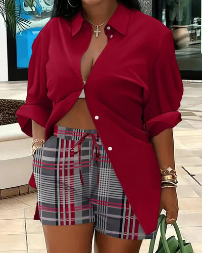 2023. aasta sügis, uus naiste komplekt, moodne polo-krae, pikkade varrukatega, üherealine vaba trükiga särgi lühikesed püksid, vabaaja naiste komplekt