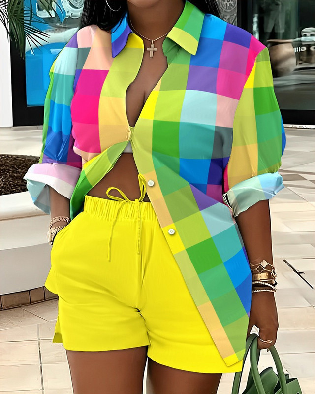 2023. aasta sügis, uus naiste komplekt, moodne polo-krae, pikkade varrukatega, üherealine vaba trükiga särgi lühikesed püksid, vabaaja naiste komplekt