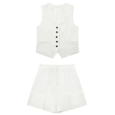 TRAFZA Woman Soliidne vest lühikeste pükste komplekt Varrukateta V-kaelusega nööpidega vesti topp + lukuga taskud Elegantsed naiste lühikesed püksid