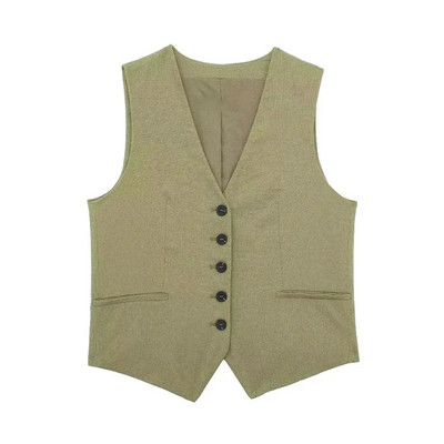 TRAFZA Woman Soliidne vest lühikeste pükste komplekt Varrukateta V-kaelusega nööpidega vesti topp + lukuga taskud Elegantsed naiste lühikesed püksid