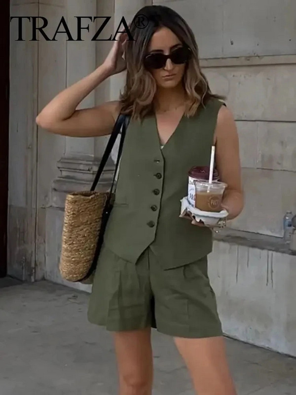 TRAFZA Woman Soliidne vest lühikeste pükste komplekt Varrukateta V-kaelusega nööpidega vesti topp + lukuga taskud Elegantsed naiste lühikesed püksid