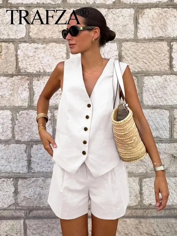 TRAFZA Woman Soliidne vest lühikeste pükste komplekt Varrukateta V-kaelusega nööpidega vesti topp + lukuga taskud Elegantsed naiste lühikesed püksid
