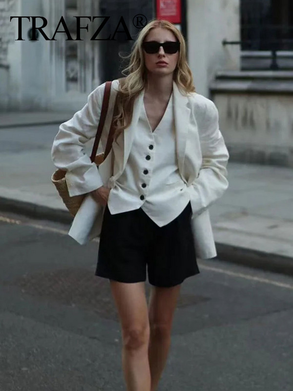 TRAFZA Woman Soliidne vest lühikeste pükste komplekt Varrukateta V-kaelusega nööpidega vesti topp + lukuga taskud Elegantsed naiste lühikesed püksid