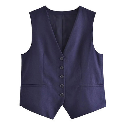 TRAF naiste suvepükste komplektid Vintage soliidsed üherealised V-kaelusega vestid + õhukesed lukuga lühikesed püksid, kontoriülikonnad